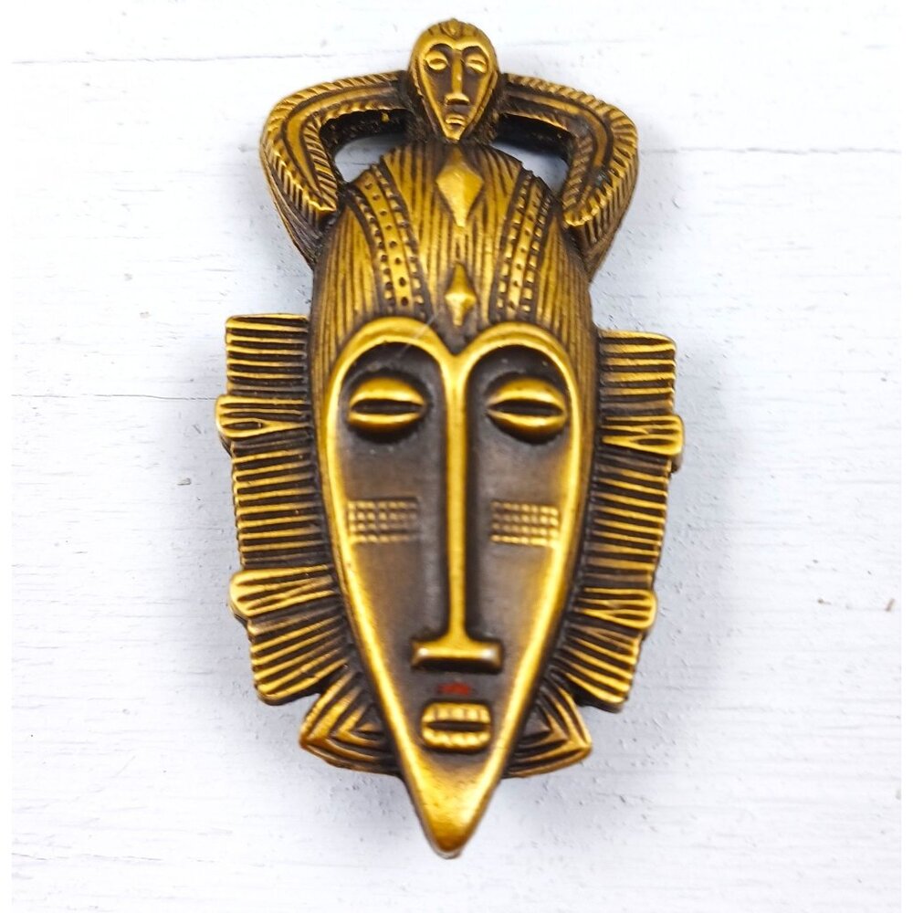 Vintage Brass Tribal Mask Brooch Pin 2" African-Inspired Design Ethnic Jewelry
